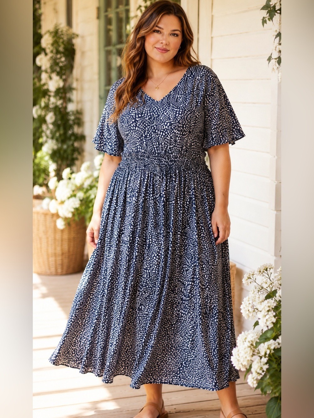 Soft Romantic Navy Prairie Maxi Dress Flutter Sleeve Plus NWT 2X-4X